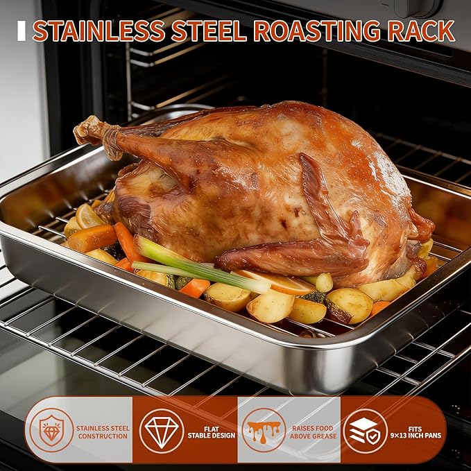 Roasting Rack for 9x13 Inch Pan, Stainless Steel Roasting Rack Insert, with Parallel Wires and Raised Feet, Keeps Food Elevated for Even Broiling, Easy to Clean, Ideal for Chicken, Turkey and Meat - Image 2