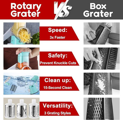 Cheese Grater Hand Crank, Rotary Vegetable Shredder with Handle and Strong Suction base, 3 in 1 Kitchen Speed Spin Veggie Slicer Nut Grinder for Pizza Top, Hash brown, Salad and More (Blue) - Image 5