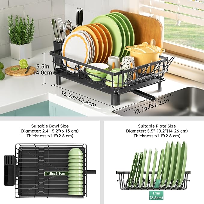 Dish Drying Rack, Dish Racks for Kitchen Counter, Detachable Dish Drainer with Drainboard, Utensil Holder, Cup Holder, Space Saving Kitchen Drying Rack for Small Home and Appartment, Black - Image 2