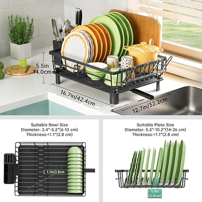 Dish Drying Rack, Dish Racks for Kitchen Counter, Detachable Dish Drainer with Drainboard, Utensil Holder, Cup Holder, Space Saving Kitchen Drying Rack for Small Home and Appartment, Black - Image 2
