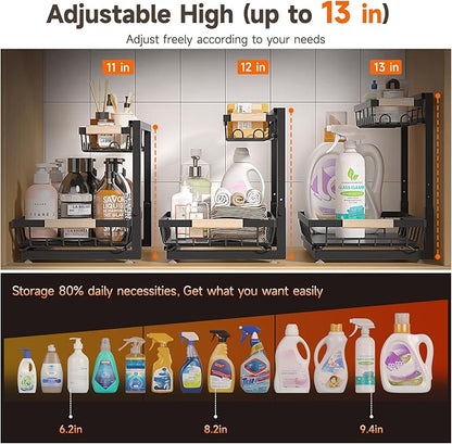 Sevenblue 2 Packs Under Sink Organizer, Height Adjustable 2 Tier Under Kitchen Sink Organizer, Multi-Purpose Storage Shelf for Kitchen Bathroom Cabinet (Black, Large) - Image 2
