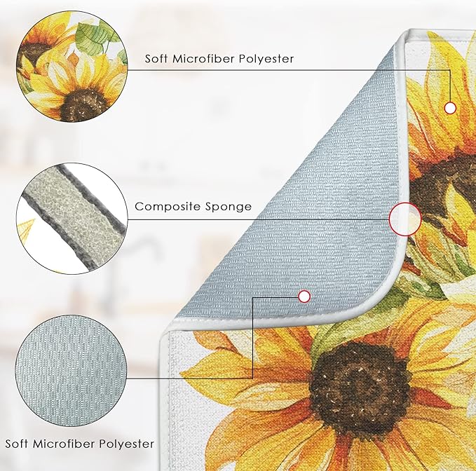 Sanwarm Absorbent Dish Drying Mat, Bouquet Daisy Flower Sun Sunflowers Microfiber Pad for Kitchen Counter, Coffee Bar Decor, Heat Resistant and Reversible, 18" x 24"