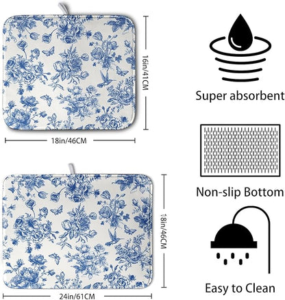 Dish Drying Mat for Kitchen Counter Blue and White Floral Drying Mats Chinoiserie Vintage Flowers Dish Drying Pad for Dishes Microfiber Absorbent Dish Drainer Rack Mat for Countertop 16x18 Inch - Image 2
