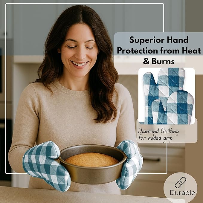 Native Fab Buffalo Plaid Check Oven Mitts and Pot Holders Set of 4, 100% Cotton Heat Resistant Kitchen Gloves, 2 Oven Mitts (7x13), 2 Pot Holders (8x8) for Cooking & Baking, Teal Green White - Image 4