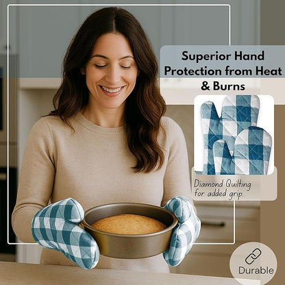 Native Fab Buffalo Plaid Check Oven Mitts and Pot Holders Set of 4, 100% Cotton Heat Resistant Kitchen Gloves, 2 Oven Mitts (7x13), 2 Pot Holders (8x8) for Cooking & Baking, Teal Green White - Image 4