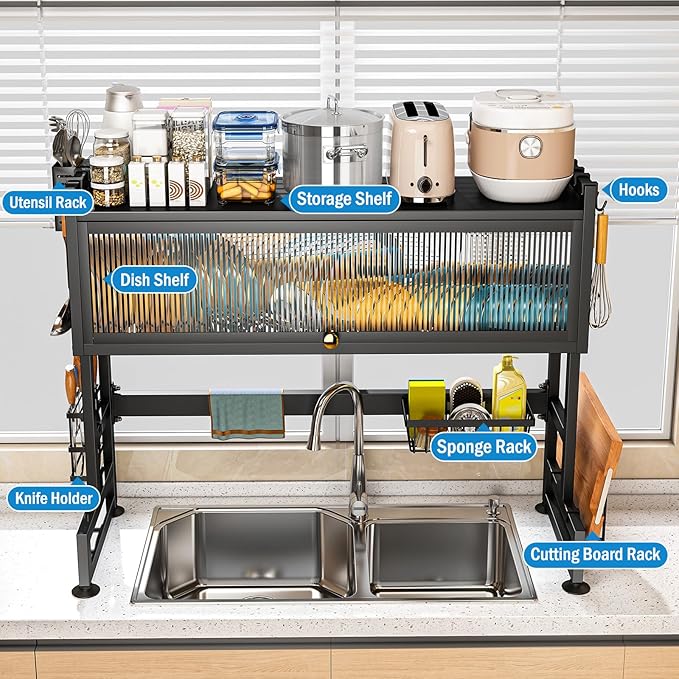 SNSLXH  2-Tier Over The Sink Dish Drying Rack, 33.66"×31.1"×11.81", Large Sink Rack for Kitchen, Saving Kitchen Space, Cover Design Holds Dishes, Bowls, and Cutlery, Kitchen Sink Shelf - Image 5