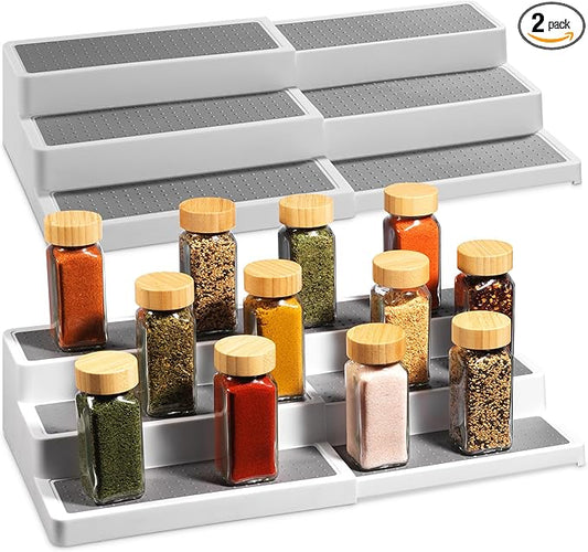 Oizeir Plastic 3-Tier Expandable Spice Rack, Adjustable Length, Stability with Non-Skid Shelf, For Easy Visibility, Organizer for Kitchen Cabinet, Pantry or Countertop, (2-Pack), White/Grey by Oizeir