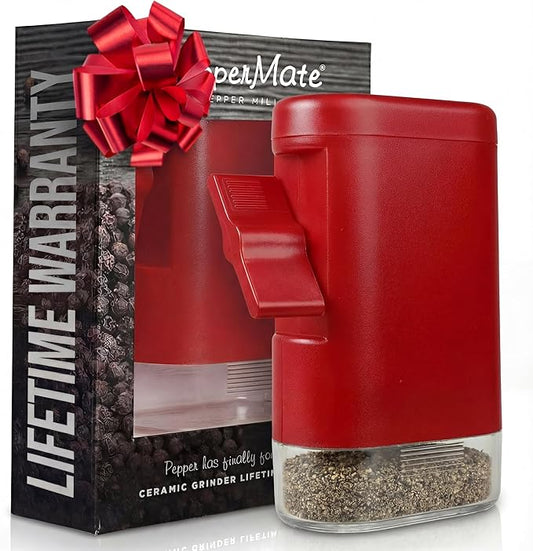 PepperMate Traditional Pepper Mill- Manual High Volume Peppercorns and Salt Grinder with Ergonomic Turnkey Handle and Ceramic Precision Mechanism with Adjustable Grind for the Gourmet Chef (Red)