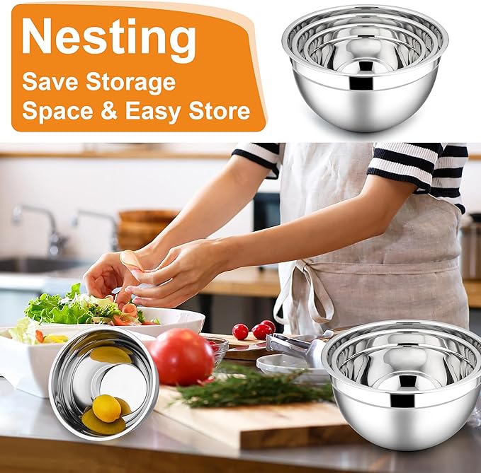 E-far Mixing Bowls with Lids, 6-Piece Stainless Steel Salad Bowls Metal Nesting Bowls for Baking Cooking and Prepping, Airtight Lids & Stackable Design, Size 4.5, 3, 1.5 QT (Colorful) - Image 6