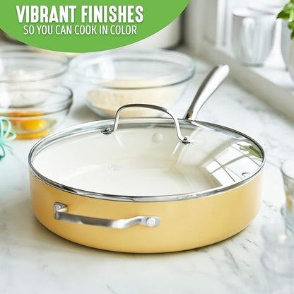 GreenLife Artisan Healthy Ceramic Nonstick, 5QT Saute Pan Jumbo Cooker with Helper Handle and Lid, Stainless Steel Handle, Induction, PFAS-Free, Dishwasher Safe, Oven Safe, Yellow