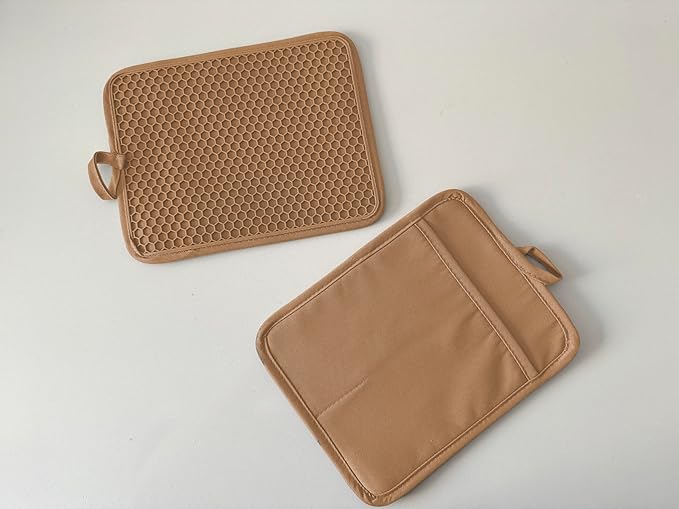 Oven Pot Holder with Pocket Cotton Heat Resistant Coaster Potholder Kitchen Hot Pad Oven Mitts for Cooking and Baking Square 7"x9" (Khaki, Silicone) - Image 4
