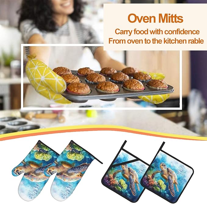 Ocean Turtle Pattern Oven Gloves and Hot Pads Set - Heatproof Hand Protection for Baking, Grilling, Cooking 4Pcs