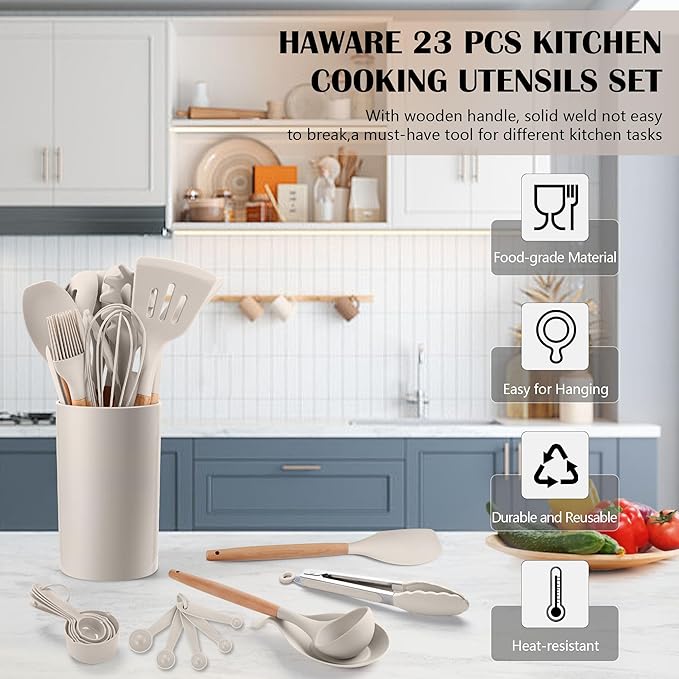 HaWare Kitchen Cooking Utensils Set, 23-Piece Silicone Kitchen Utensils Spatula Set with Holder, Heat Resistant Wooden Handle Kitchen Gadget for Nonstick Cookware, Food-grade Turner Spoon Sets (Khaki) - Image 3