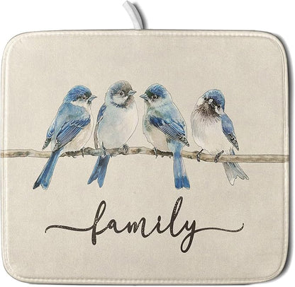 Home Blue Bird Family Dish Drying Mat for Kitchen Counter,Spring Summer Drying Mat 16 x 18 Inch with Absorbent Reversible Microfiber Drying Pad for Coffee Bar by Anyako