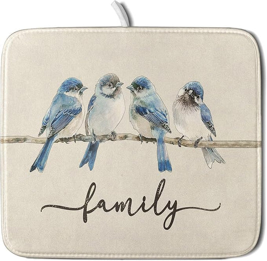 Home Blue Bird Family Dish Drying Mat for Kitchen Counter,Spring Summer Drying Mat 16 x 18 Inch with Absorbent Reversible Microfiber Drying Pad for Coffee Bar by Anyako
