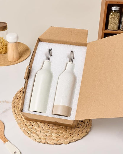 famiware Milkyway 16oz Ceramic Olive Oil Dispenser Bottle, Olive Oil and Vinegar Dispenser Bottle Set of 2 with Stainless Steel Pourers, for Storage Vinegar, Soy Sauce, Matte Beige White & White