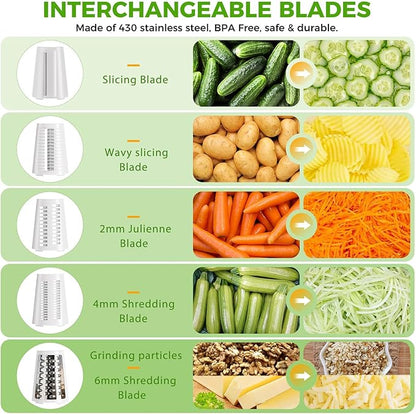 The CoveCarol rotary cheese grater comes with 5 blades and 3 tools: a round mandolin slicer and a food shredder. Suitable for fruits, vegetables, nuts, etc., it includes a blade storage box. (White)