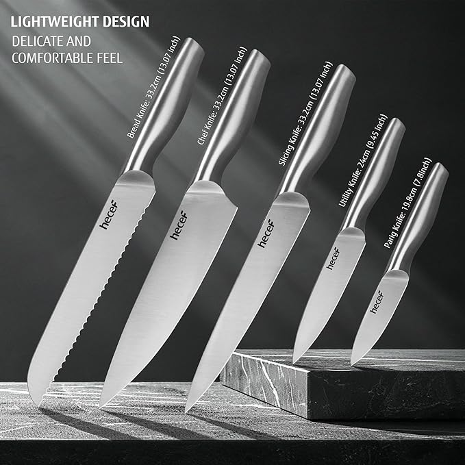 hecef 6-Piece Silver Stainless Steel Knife Set with Tablet Stand, Innovative knife Block – All-in-One Kitchen Solution, Ergonomic Handles and Safe Storage