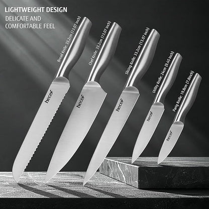 hecef 6-Piece Silver Stainless Steel Knife Set with Tablet Stand, Innovative knife Block – All-in-One Kitchen Solution, Ergonomic Handles and Safe Storage