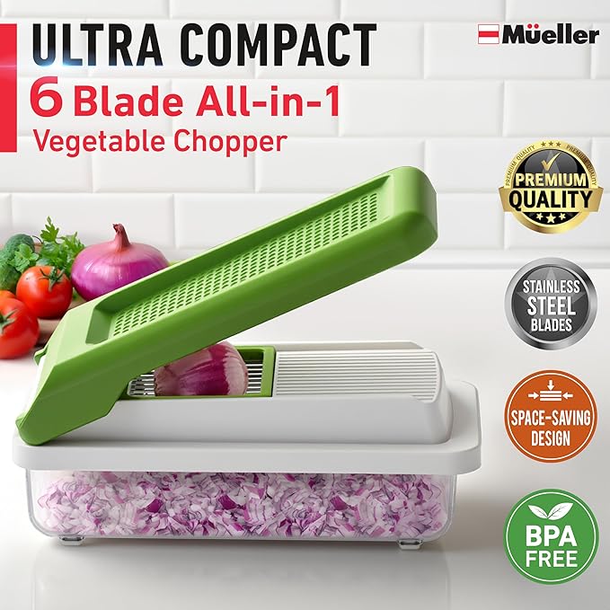 Mueller Vegetable Chopper, Mandoline Slicer, Food Veggie Chopper, Cheese Grater, Onion Vegetable Cutter with Container, Dicer, Kitchen Gadgets & Essentials, White Sand/Green - Image 2