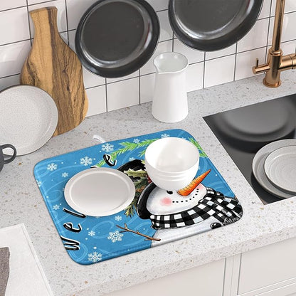 Christmas Snowman Dish Drying Mat for Kitchen Counter 16x18 Blue White Snowflake Welcome Winter Holiday Absorbent Reversible Microfiber Drying Mats Kitchen Countertop Protector Dishes Drainer Rack Pad - Image 6