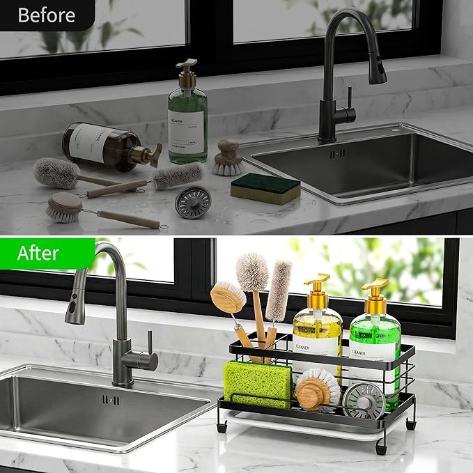 Cisily Black Sponge Holder for Kitchen, Sink Caddy Sink Organizer Rack for Kitchen Accessories with Drip Tray, Rustproof and Non-slip, Soap Dispenser Countertop Organizer Essentials for New Home - Image 5