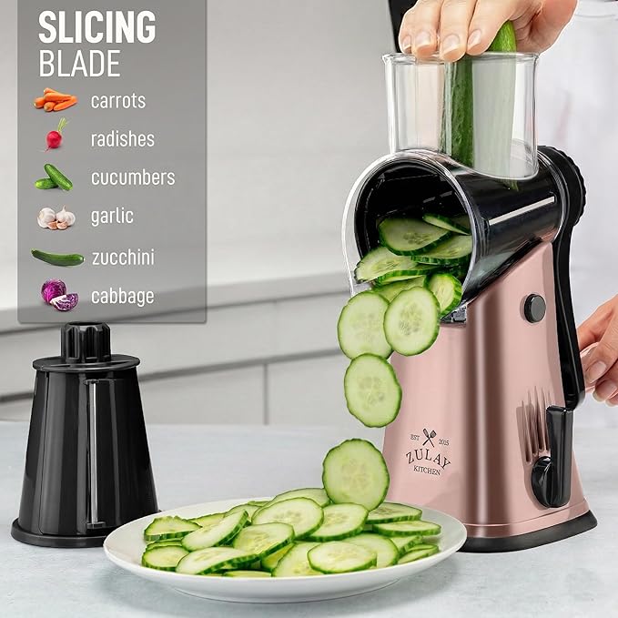 Zulay Kitchen Rotary Cheese Grater 5 Blade Cheese Shredder - Manual Hand Crank Cheese Grater With Reinforced Suction & 5 Interchangeable Drums - Easy to Use, Vegetable Chopper Round Mandoline Slicer - Image 5