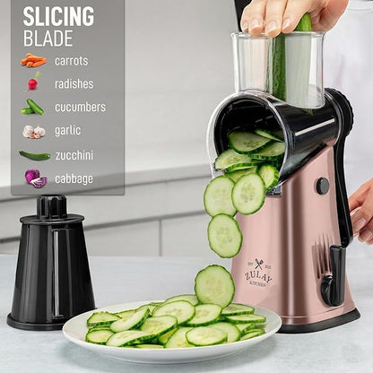 Zulay Kitchen Rotary Cheese Grater 5 Blade Cheese Shredder - Manual Hand Crank Cheese Grater With Reinforced Suction & 5 Interchangeable Drums - Easy to Use, Vegetable Chopper Round Mandoline Slicer - Image 5