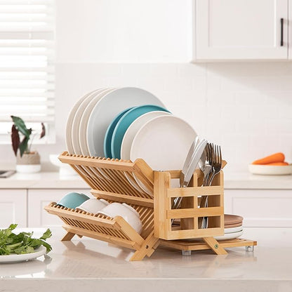 HBlife Bamboo Dish Drying Rack with Utensil Holder, 3-Tier Large Collapsible Wooden Dish Drainer Rack, Folding Drying Holder Dish Drainer for Kitchen Counter - Image 7