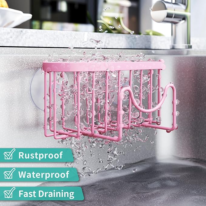 HapiRm Sponge Holder for Kitchen Sink - Sink Caddy with Unique M-Shaped, 2 Installation Methods Kitchen Organizer, Rustproof Stainless Steel Sponge Caddy - Pink - Image 4