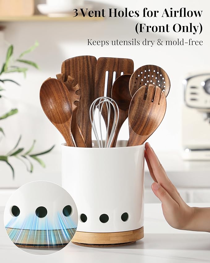 LoeJan 7.3“ 360° Rotating Ceramic Utensil Holder for Kitchen Countertop – Cooking Utensil Crock Organizer with Non-Slip Cork Base for Farmhouse Kitchen Decor, White - Image 3