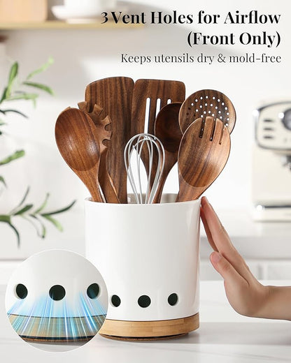 LoeJan 7.3“ 360° Rotating Ceramic Utensil Holder for Kitchen Countertop – Cooking Utensil Crock Organizer with Non-Slip Cork Base for Farmhouse Kitchen Decor, White - Image 3