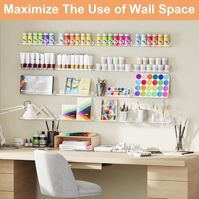 upsimples 14 Pack Acrylic Shelves Wall Organizer and Storage, 15" Display Shelf for Figure, Toy Cars, Perfume, Kids Bookshelf for Bedroom, Nursery, Craft Room, Clear - Image 4