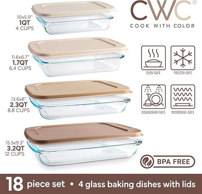 COOK WITH COLOR 8 PC. Glass Baking Dish Set with Lids - Deep Casserole Dish, Glass Food Container, Oven, Freezer and Microwave Safe, Clear Container, Brown - Image 3