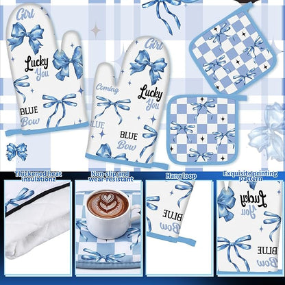 Fourluoo 10 Pcs Blue Bow Kitchen Decor Set Dish Towels Kitchen Rugs Oven Mitts and Pot Holders for Cooking Baking Grilling Women Mom Gift