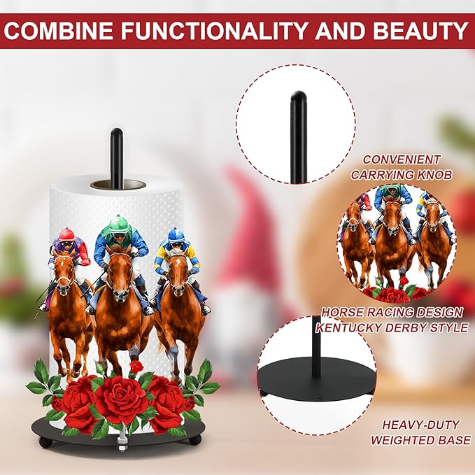 Whaline Horse Racing Paper Towel Holder Countertop Run for Roses Kentucky Derby Decor Large Metal Towel Holder Stand for Horse Racing Party Home Kitchen Bathroom Accessories Supplies