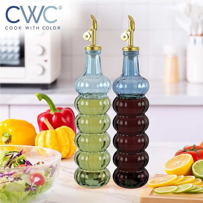 COOK WITH COLOR Glass Olive Oil Bottle Dispenser - 2 Pack- 17oz Oil and Vinegar Cruet - Olive Oil Carafe Decanter for Kitchen, Elegant Waves, Blue - Image 4