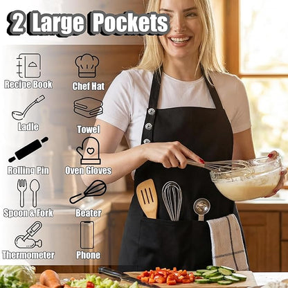 TOSHE Kitchen Apron Waterdrop Resistant Cotton Apron with adjustable Aprons for Women with Pockets 10 Color option Cooking Black Apron (Black) - Image 2