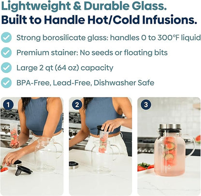 Infusion Pro Glass Fruit Infuser Water Pitcher, Heat Resistant for Hot/Cold Use, Great Iced Tea Pitcher | Tranquil Collection, 2 Qt