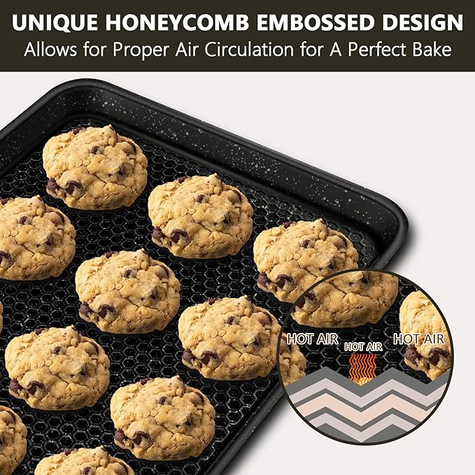 Wildone 2 Pack Half Sheet Baking Pans, Honeycomb Embossed Nonstick Baking Sheet 17.5x12 In, Thicker Carbon Steel Cookie Sheet, Even Heating & Warp Resistant, Black - Image 4