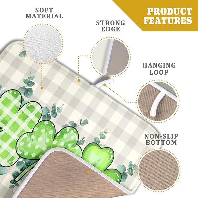 Giwawa Patrick Dish Drying Mat for Kitchen Green Clovers Grey Buffalo Plaids Dish Drainer Mats 16x18inch Spring Leaf Dish Drying Rack Pad Protector for Countertop Dining Holiday Decor