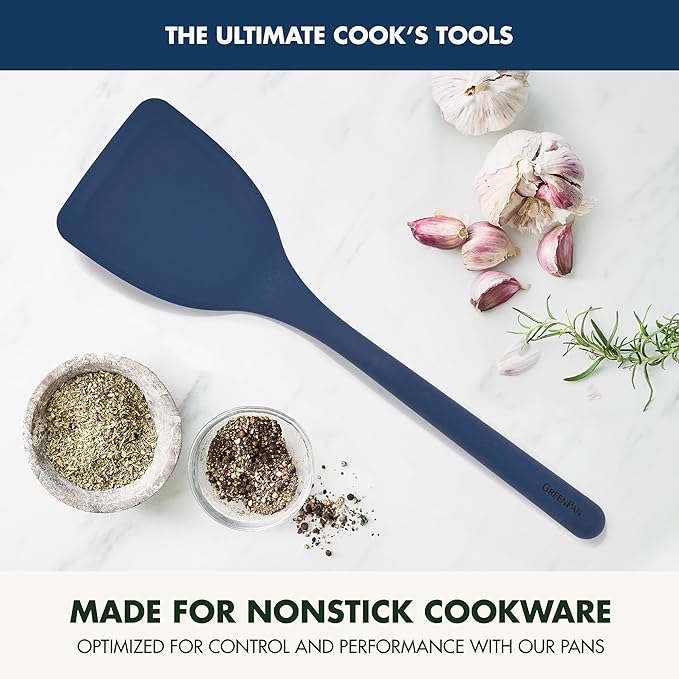 GreenPan Silicone Solid Turner Spatula, Flipping Cooking Kitchen Utensil, Flexible Rubber Nonstick Cookware, Rigid Steel Core, Heat-Resistant, Anti-Slip Handle, BPA-Free, Dishwasher Safe, Blue - Image 2
