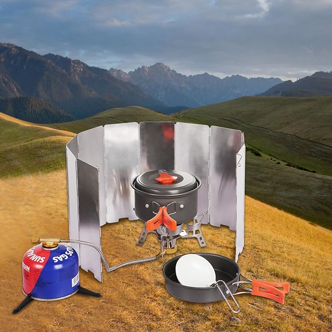 REDCAMP 2pcs Folding Outdoor Stove Windscreen, 10 Plates Aluminum Camping Stove Windshield with Carrying bag, Lightweight Butane Burner Windshield, 2 Pack