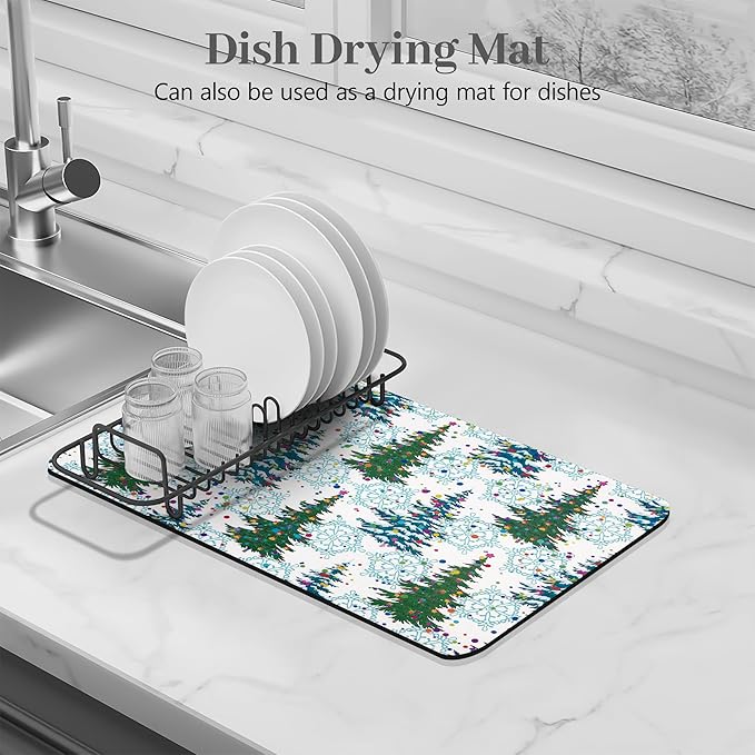 Bloss Christmas Dish Drying Mat, 19x12 Inch Coffee Mat with Christmas Tree + Snowflakes Printed, Drying Matt Kitchen Counter / Bar Mat - Image 2
