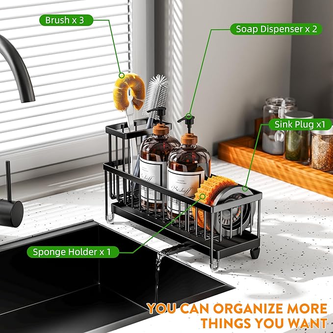 Cisily Sponge Holder for Kitchen Sink, Sink Caddy Organizer with High Brush Holder, Kitchen Countertop Organizers and Storage Essentials, Rustproof 304 Stainless Steel (Black, 10.62″) - Image 6