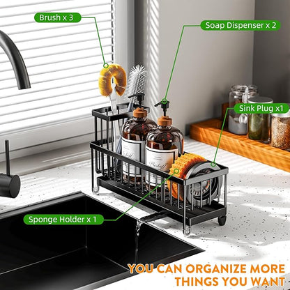 Cisily Sponge Holder for Kitchen Sink, Sink Caddy Organizer with High Brush Holder, Kitchen Countertop Organizers and Storage Essentials, Rustproof 304 Stainless Steel (Black, 10.62″) - Image 6