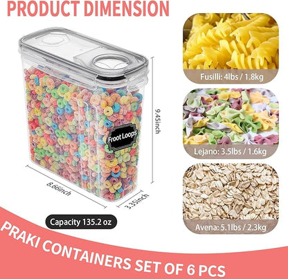 PRAKI Large Dry Food Storage Containers with Lids, 6PCS Airtight Cereal Containers Storage Set, Leak-proof Canister Set for Kitchen Pantry Organization with 20 Labels & Marker (4L Black) - Image 2