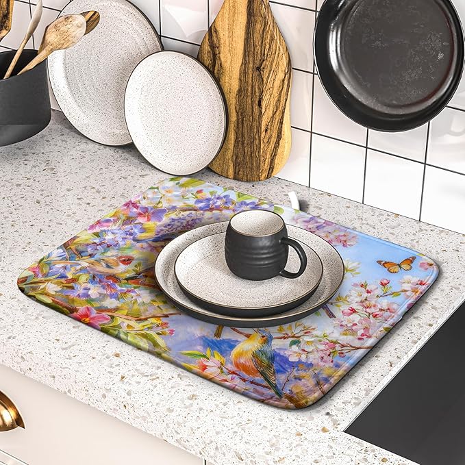 Spring Bird Dish Drying Mats for Kitchen Counter Floral Small Dish Drying Pad Season Decor - Image 5