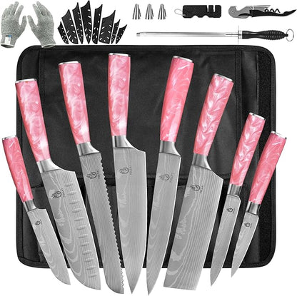 FULLHI 15pcs Japanese Knife Set with Magnetic Knife Block Holder, Japan Stainless Steel Blades, Ergonomic Handles for Professional and Home Cooking (Pink, Knife set)