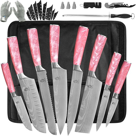 FULLHI 15pcs Japanese Knife Set with Magnetic Knife Block Holder, Japan Stainless Steel Blades, Ergonomic Handles for Professional and Home Cooking (Pink, Knife set)